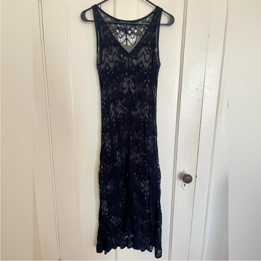 Eileen Fisher Black Crochet Lace Sleeveless Maxi Dress